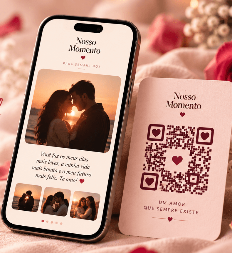 Celular mostrando a página do casal ao lado de um cartão com o QR code.